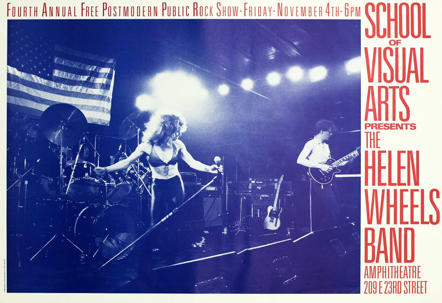 blue tinted photo of punk band performing with woman in leather top